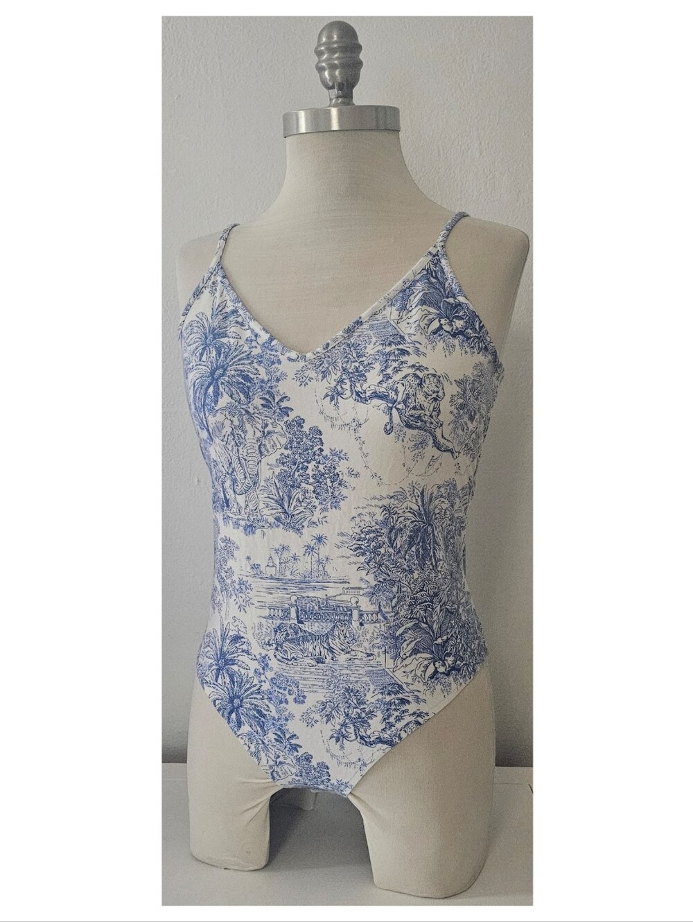 H&M Blue/White Toile Print Cotton Blend Bodysuit